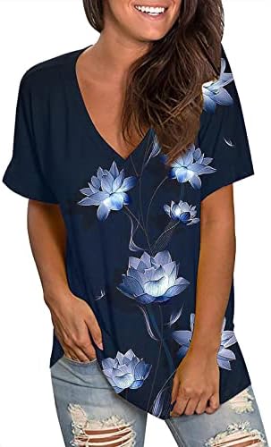 נשים חולצות 2023 מתגנדר מזדמן קצר שרוול צווארון חולצות קיץ אופנה פרחוני רופף טיז בסיסי טוניקת חולצות