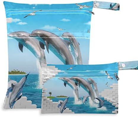 קיגאי דולפינים מקסימים שקיות יבשות רטובות 2 חבילה, חיתול בד תינוקות אטום למים חיתול יבש רטוב עם כיס רוכסן לטיולים, חוף, טיולון,