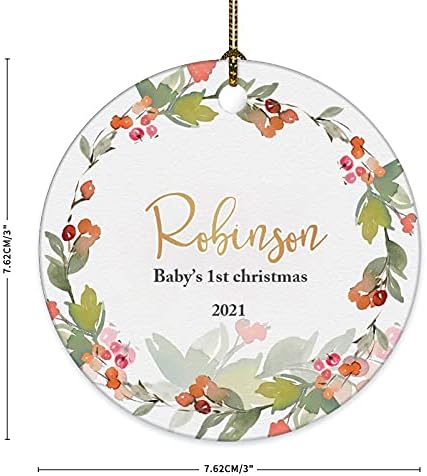 קישוטי קרמיקה למזכרת חג המולד הראשונה של התינוק זר פרחים 2021 הדפסה דו צדדית 3 * 3 אינץ ' עגול עץ חג המולד דקור